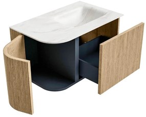 Mondiaz Kurve-dlux 75cm badmeubel ronding links oak met 1 lade en deur en wastafel grunne rechts zonder kraangat ostra