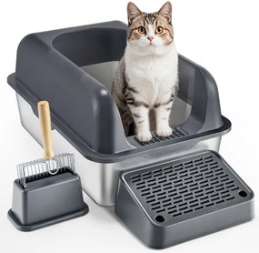 VEVOR kattenbak, 152,4 mm diep, extra grote kattenbak van roestvrij staal met schepje, brede filterbodem en hoge rand, geurvrije bak voor katten, 60 x 40 x 30 cm, donkergrijs