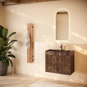 Muebles Murcia badmeubel ribbelfront 80cm walnoot met Dark Emperador wastafel met kraangat