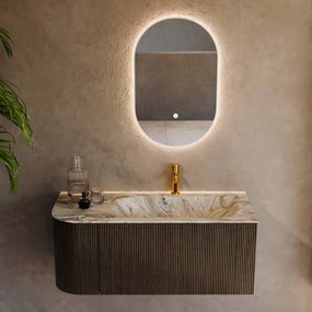 Mondiaz Kurve-dlux 105cm badmeubel ronding links shadow met 1 lade en deur en wastafel big small kraangat rechts glace