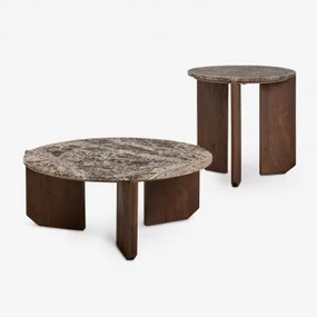 Set Van 2 Ronde Salontafels Van Natuursteen En Mangohout Lavinia Bruin Marmer Emperador & Donker Handvat Hout - Sklum