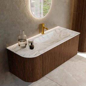 Mondiaz Kurve-dlux 115cm badmeubel ronding links walnut met 1 lade en deur en wastafel big small kraangat rechts glace