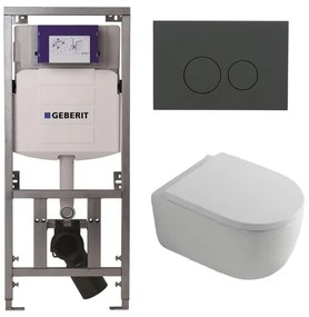 QeramiQ Dely Swirl Toiletset - 36.3x51.7cm - Geberit UP320 Burda inbouwreservoir - 35mm zitting - bedieningsplaat mat antraciet - ronde knoppen - wit glans 0701131/SW1102376/SW1000767/SW1026256