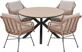 Garden Impressions Lucas tuinset bruin 5-delig - Tulli tuintafel light teak look Ø122 cm