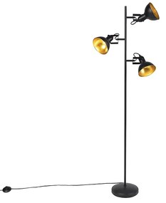 Industriële vloerlamp zwart met goud 3-lichts - Tommy Industriele / Industrie / Industrial E14 rond Binnenverlichting Lamp