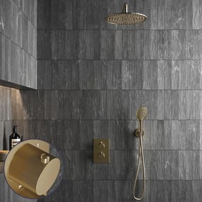 Saniclear Brass Stripes inbouw regendouche met 30cm hoofddouche, muurarm en 2 standen handdouche geborsteld messing - mat goud