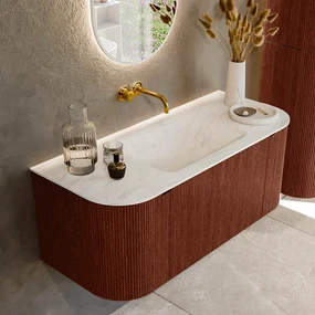 Mondiaz Kurve-dlux 110cm badmeubel ronding links/rechts ruby met 1 lade en 2 deuren en wastafel cloud midden zonder kraangat opalo