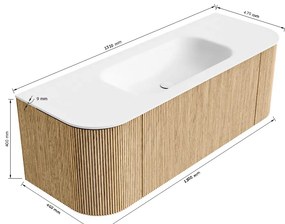 Mondiaz Kurve 130cm badmeubel ronding links/rechts oak met 1 lade en 2 deuren en wastafel big small midden zonder kraangat