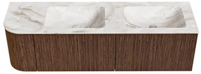 Mondiaz Kurve-dlux 155cm badmeubel ronding links walnut met 2 lades en 1 deur en wastafel leaf dubbel/rechts zonder kraangat frappe