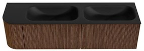 Mondiaz Kurve 165cm badmeubel ronding links walnut met 2 lades en 1 deur en wastafel big small dubbel/rechts 2 kraangaten urban