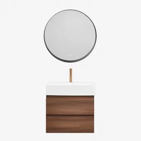 Badkamermeubelset Van Hout En Essenhoutfineer Met Geïntegreerde Wastafel Ona Donker Hout & Round Led And Antifog Zwart Ø80 Cm - Sklum