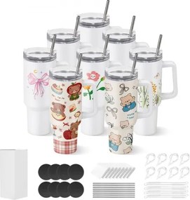 VEVOR Sublimatiebekers 8 stuks (1183 ml), roestvrijstalen sublimatiebekers met deksel, rietje en handvat, dubbelwandige geïsoleerde sublimatiebekers voor individuele doe-het-zelf-ontwerpen en cadeaus