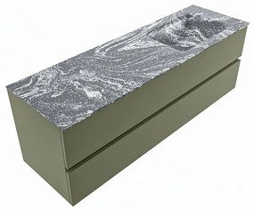 Mondiaz Vica DLux badmeubel 150cm army 2 lades met wastafel lava rechts zonder kraangat