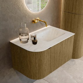 Mondiaz Kurve-dlux 75cm badmeubel ronding links dusk met 1 lade en deur en wastafel grunne rechts zonder kraangat opalo