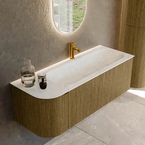 Mondiaz Kurve-dlux 125cm badmeubel ronding links dusk met 1 lade en deur en wastafel big medium kraangat rechts opalo
