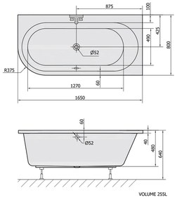 Polysan Astra asymmetrisch bad rechts 165x80x48cm wit