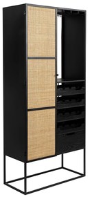 Hoge Wijnkast Zwart Met Rotan - 80x38x175cm.