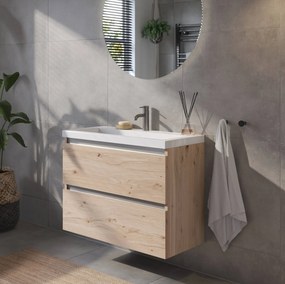 Saqu Gaia ondiep badmeubel incl. glans witte wastafel 80x40x64cm naturel eiken – aluminium greeplijst