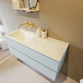 Mondiaz Vica DLux badmeubel 120cm clay 2 lades met wastafel opalo links zonder kraangat