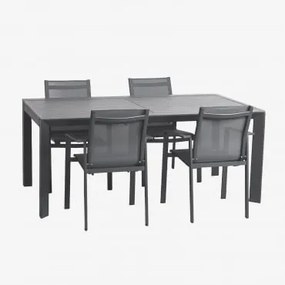 Starmi Rechthoekige Uitschuifbare Tafelset, 180-240x100 Cm, Gemaakt Van Aluminium En 4 Eika Tuinstoelen. Grijs – Grafiet - Sklum