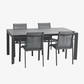 Starmi Rechthoekige Uitschuifbare Tafelset, 180-240x100 Cm, Gemaakt Van Aluminium En 4 Eika Tuinstoelen. Grijs – Grafiet - Sklum