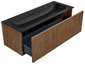 Mondiaz Kurve 120cm badmeubel walnut met 1 lade en wastafel big large midden 2 kraangaten urban