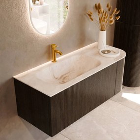 Mondiaz Kurve-dlux 115cm badmeubel ronding rechts shadow met 1 lade en deur en wastafel big small kraangat links frappe