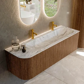 Mondiaz Kurve-dlux 145cm badmeubel ronding links walnut met 1 lade en deur en wastafel big large rechts 2 kraangaten glace