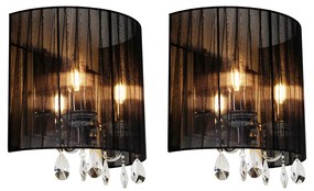 Stoffen Set van 2 wandlampen chroom met zwarte kap - Ann-Kathrin 2 Klassiek / Antiek E14 rond Binnenverlichting Lamp