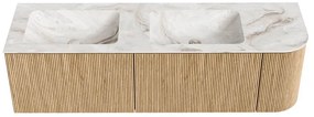 Mondiaz Kurve-dlux 155cm badmeubel ronding rechts oak met 2 lades en 1 deur en wastafel leaf dubbel/links zonder kraangat frappe