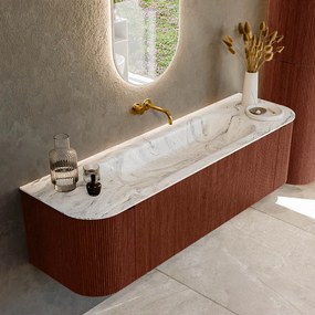 Mondiaz Kurve-dlux 160cm badmeubel ronding links/rechts ruby met 1 lade en 2 deuren en wastafel big medium midden zonder kraangat glace
