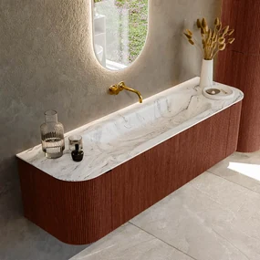 Mondiaz Kurve-dlux 160cm badmeubel ronding links/rechts ruby met 1 lade en 2 deuren en wastafel big medium midden zonder kraangat glace