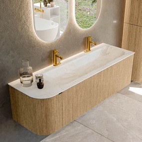 Mondiaz Kurve-dlux 145cm badmeubel ronding links oak met 1 lade en deur en wastafel big large rechts 2 kraangaten ostra