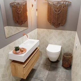 MONDIAZ ANDOR Toiletmeubel - 80x30x30cm - 0 kraangaten - 1 lades - washed oak mat - wasbak rechts - Solid surface - Wit FK75343378