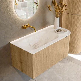 Mondiaz Kurve-dlux 95cm badmeubel ronding rechts oak met 1 lade en deur en wastafel big small links zonder kraangat frappe