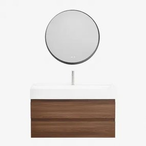 Ona Zwevend Badkamermeubelset Van Hout En Essenfineer Met Geïntegreerde Wastafel Donker Hout & Round Led And Antifog Zwart Ø80 Cm Kimacs - Sklum