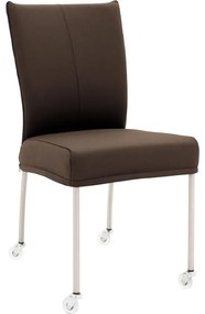 Goossens Eetkamerstoel Funk RVS Poten bruin leer leuning en Transparant skater wiel met rvs kapmet wielen, modern design