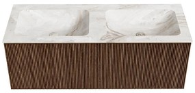 Mondiaz Kurve-dlux 120cm badmeubel walnut met 1 lade en wastafel leaf dubbel zonder kraangat frappe