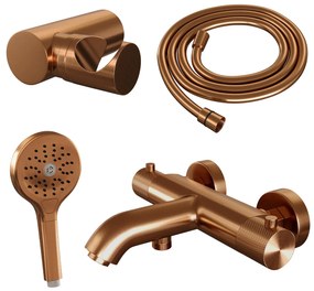 Brauer Copper Carving thermostatische badkraan met wandhouder en 3 standen handdouche geborsteld koper PVD