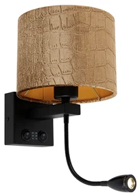 LED Wandlamp zwart met velours kap krokodil dessin 18cm - Brescia Klassiek / Antiek, Modern E27 rond Binnenverlichting Lamp