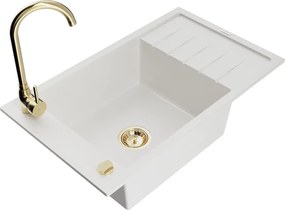 Mexen Elias granieten gootsteen 1-kompartment met afdruiprek en keukenmengkraan Telma, wit - 6511-20-670200-50