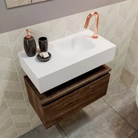 MONDIAZ ANDOR Toiletmeubel - 60x30x30cm - 1 kraangat - 1 lades - dark brown mat - wasbak rechts - Solid surface - Wit FK75343400