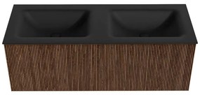 Mondiaz Kurve 120cm badmeubel walnut met 1 lade en wastafel cloud dubbel 2 kraangaten urban