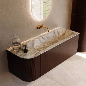Mondiaz Kurve-dlux 125cm badmeubel ronding links ruby met 1 lade en deur en wastafel big medium rechts zonder kraangat glace