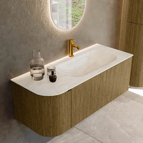 Mondiaz Kurve-dlux 115cm badmeubel ronding links dusk met 1 lade en deur en wastafel big small kraangat rechts ostra