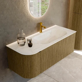 Mondiaz Kurve-dlux 115cm badmeubel ronding links dusk met 1 lade en deur en wastafel big small kraangat rechts ostra