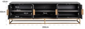 Richmond Interiors Blackbone Brass Zwart Visgraat Tv-meubel Messing 200 Cm - 200x42.5x60cm.
