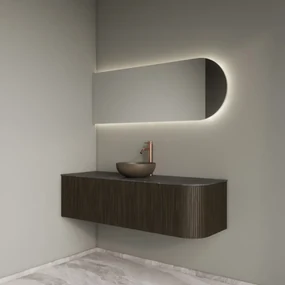 Gliss Design Alluro badmeubel ribbelfront met ronding rechts 140cm charcoal en zwart leisteen toppaneel