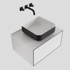 Zaro Lagom volledig naadloos solid surface onderkast met topblad 60cm mat zwart met 1 lades Push tot open. Compleet met solid surface opzetkom met 0 kraangat(en)