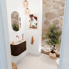 Mondiaz Joya DLux 65cm toiletmeubel ronding links/rechts walnut met wastafel faye midden zonder kraangat frappe